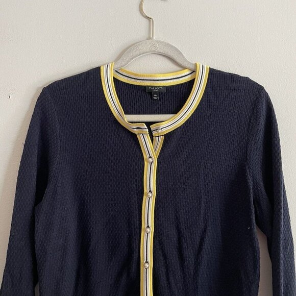 Talbots Women MP Navy Faux Pearl Buttons 3/4 Sleeves Crewneck Tipped Cardigan - Picture 5 of 10